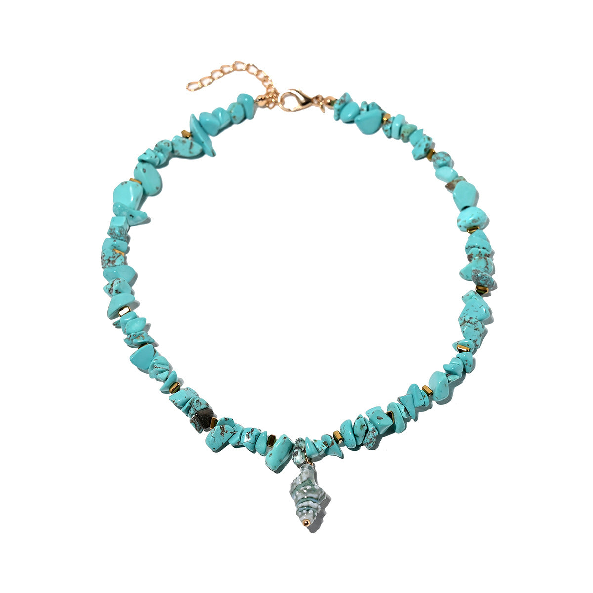 Bohemian Conch Necklace With Ceramic Pendant And Turquoise Inlay On Green Beaded Zinc Alloy Chain