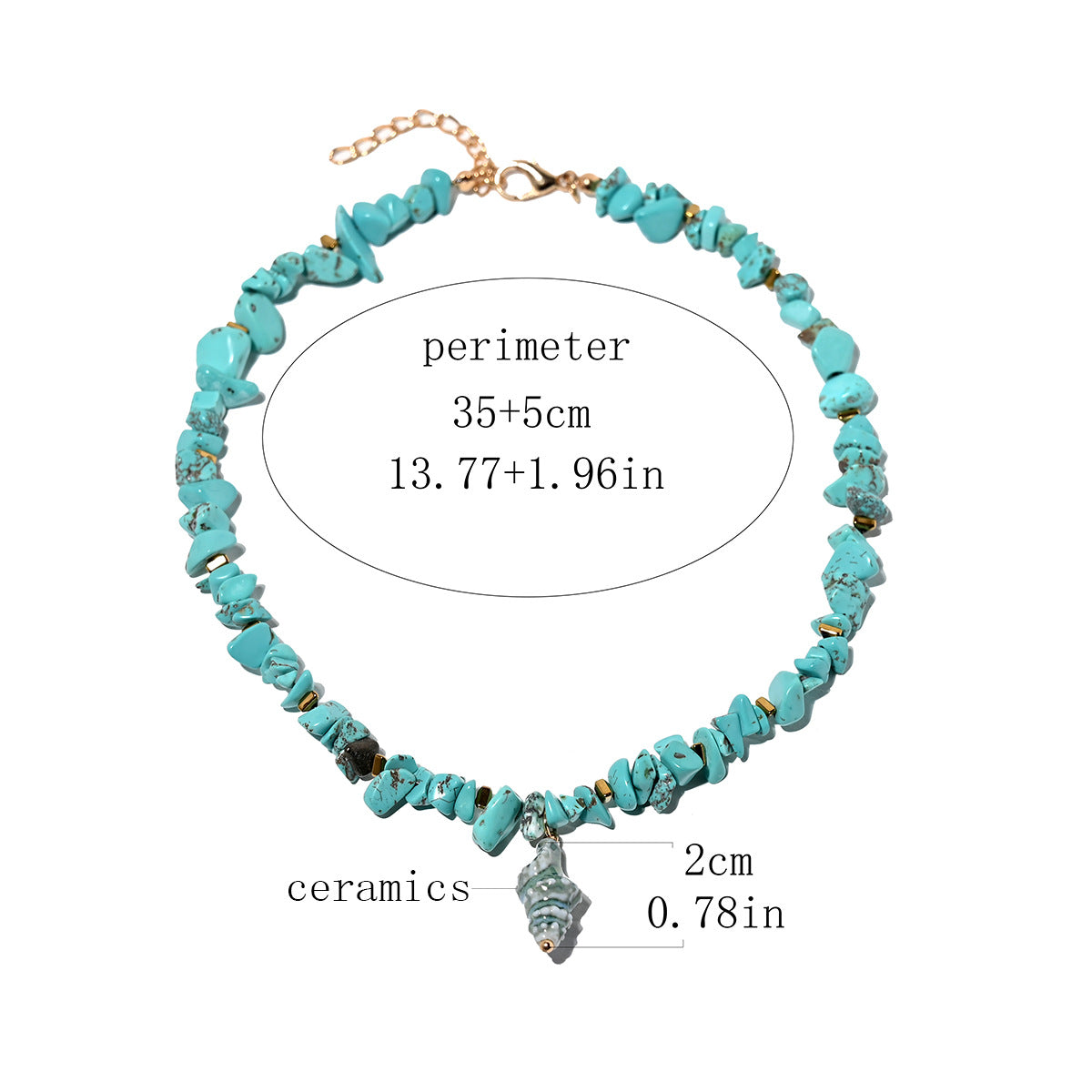 Bohemian Conch Necklace With Ceramic Pendant And Turquoise Inlay On Green Beaded Zinc Alloy Chain