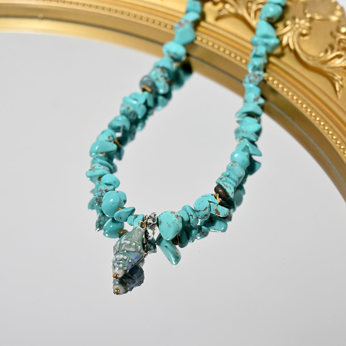 Bohemian Conch Necklace With Ceramic Pendant And Turquoise Inlay On Green Beaded Zinc Alloy Chain