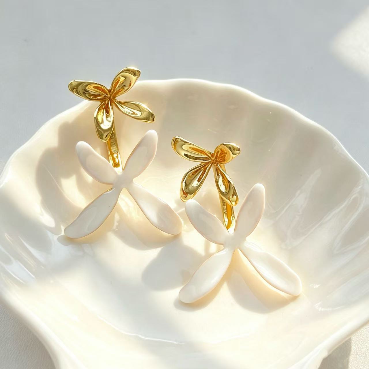 Real Gold Plated Enamel Flowers Stud Earrings With 925 Sterling Silver Posts, Cute Style For Women