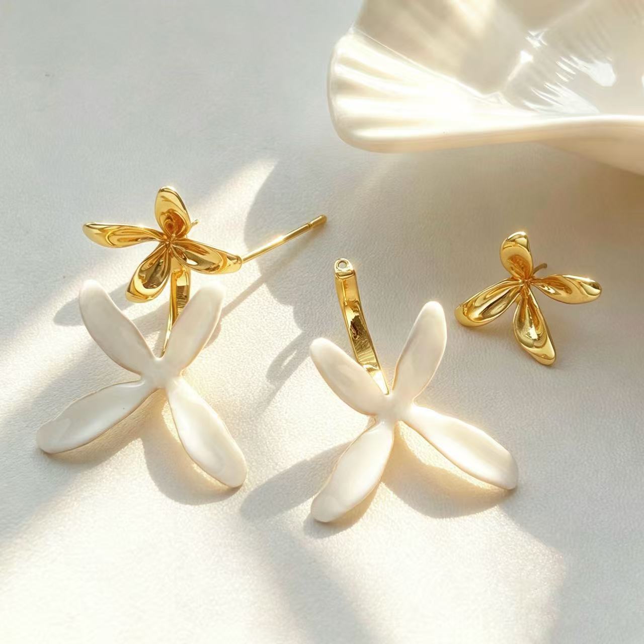Real Gold Plated Enamel Flowers Stud Earrings With 925 Sterling Silver Posts, Cute Style For Women