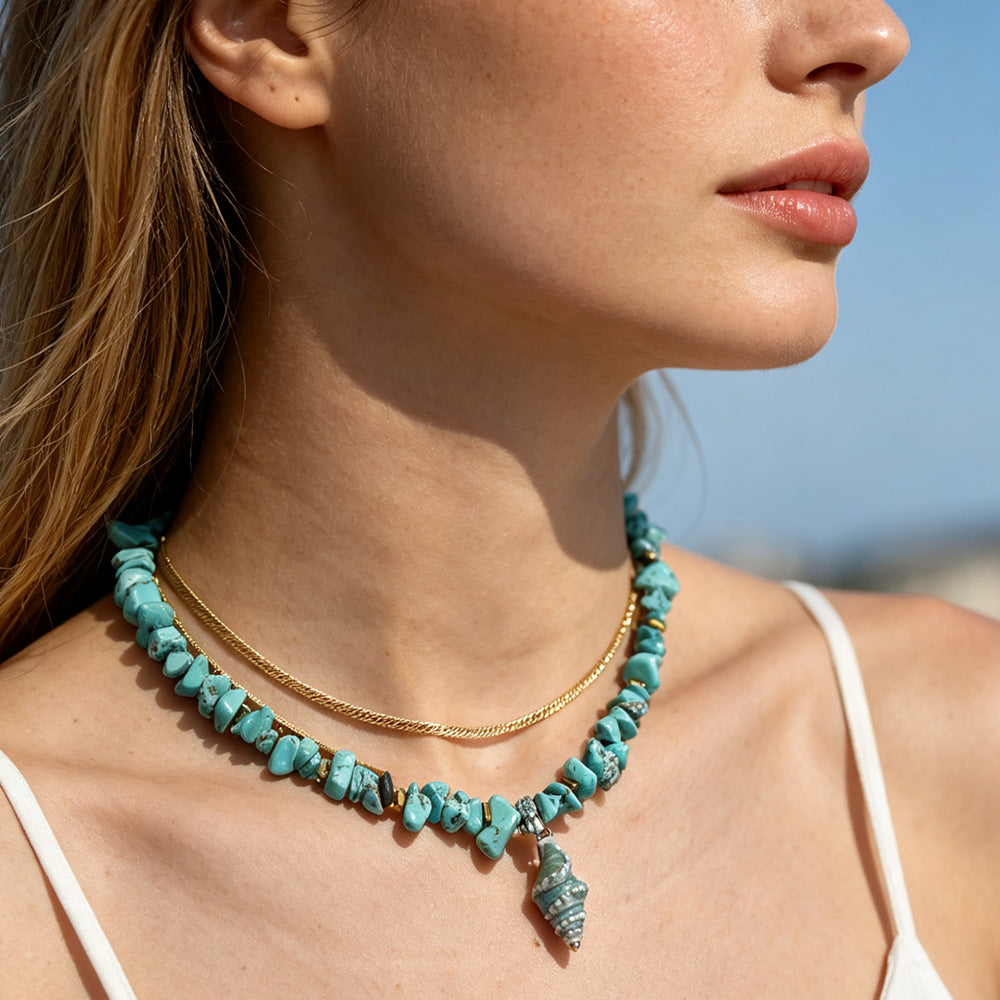 Bohemian Conch Necklace With Ceramic Pendant And Turquoise Inlay On Green Beaded Zinc Alloy Chain