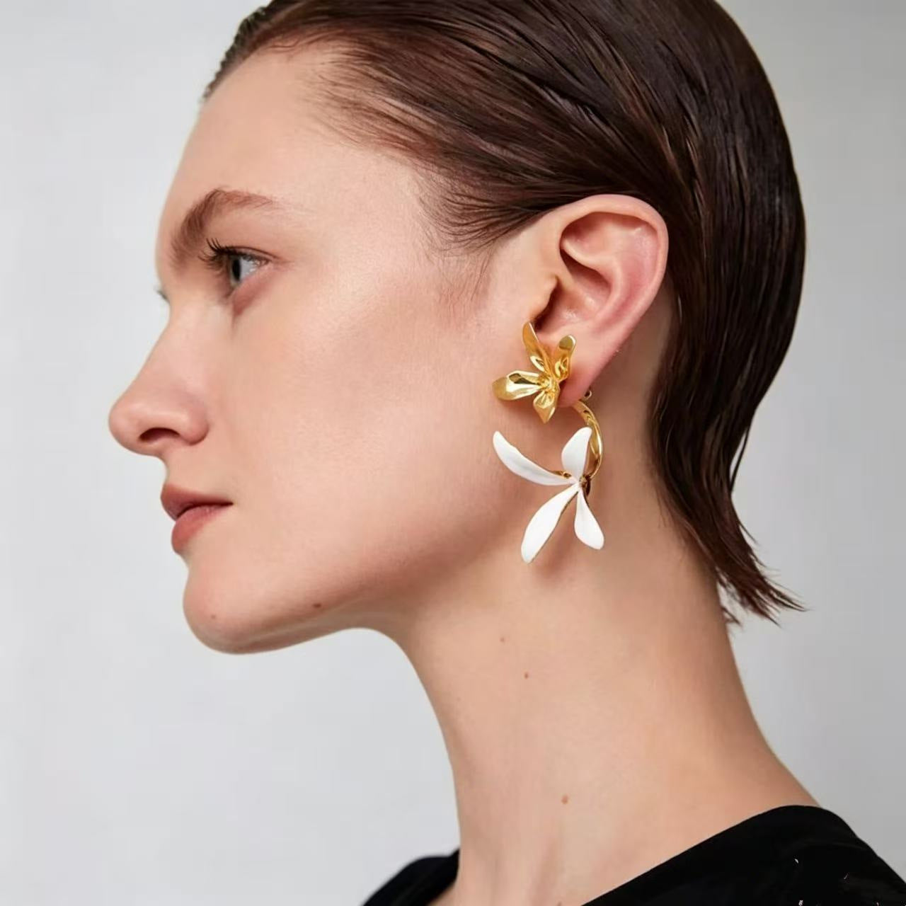 Real Gold Plated Enamel Flowers Stud Earrings With 925 Sterling Silver Posts, Cute Style For Women