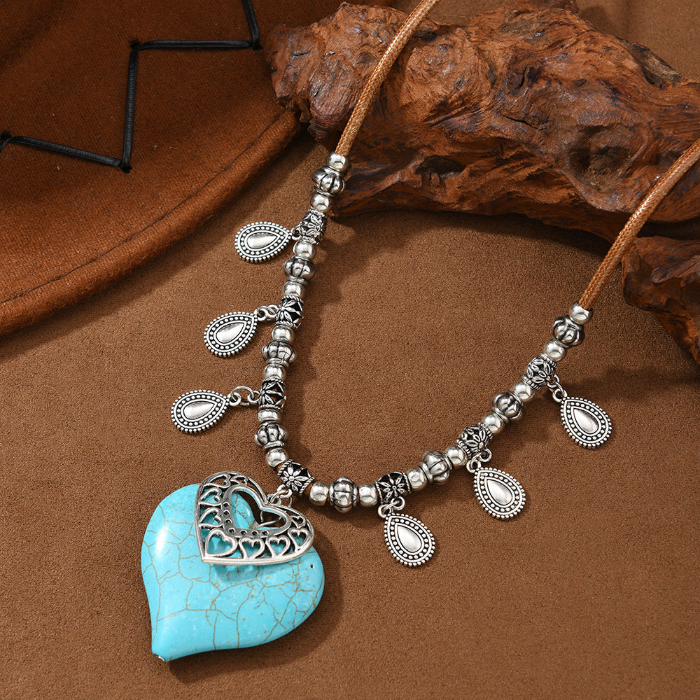 Handmade Heart Shape Pendant Necklace For Women With Multicolor Alloy And Natural Stone Turquoise Inlay