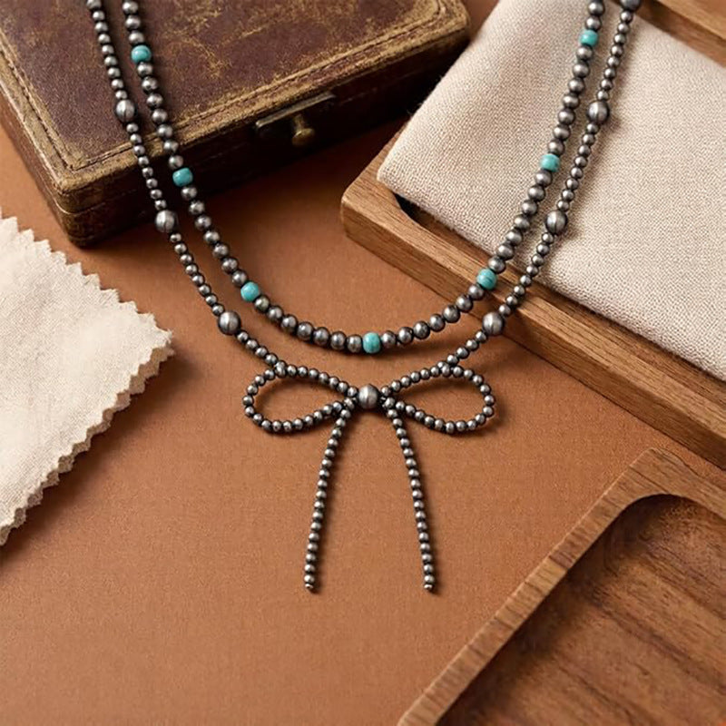 Ethnic Style Bow Tie Necklace For Women With Beading Craft And Beaded Chain Material