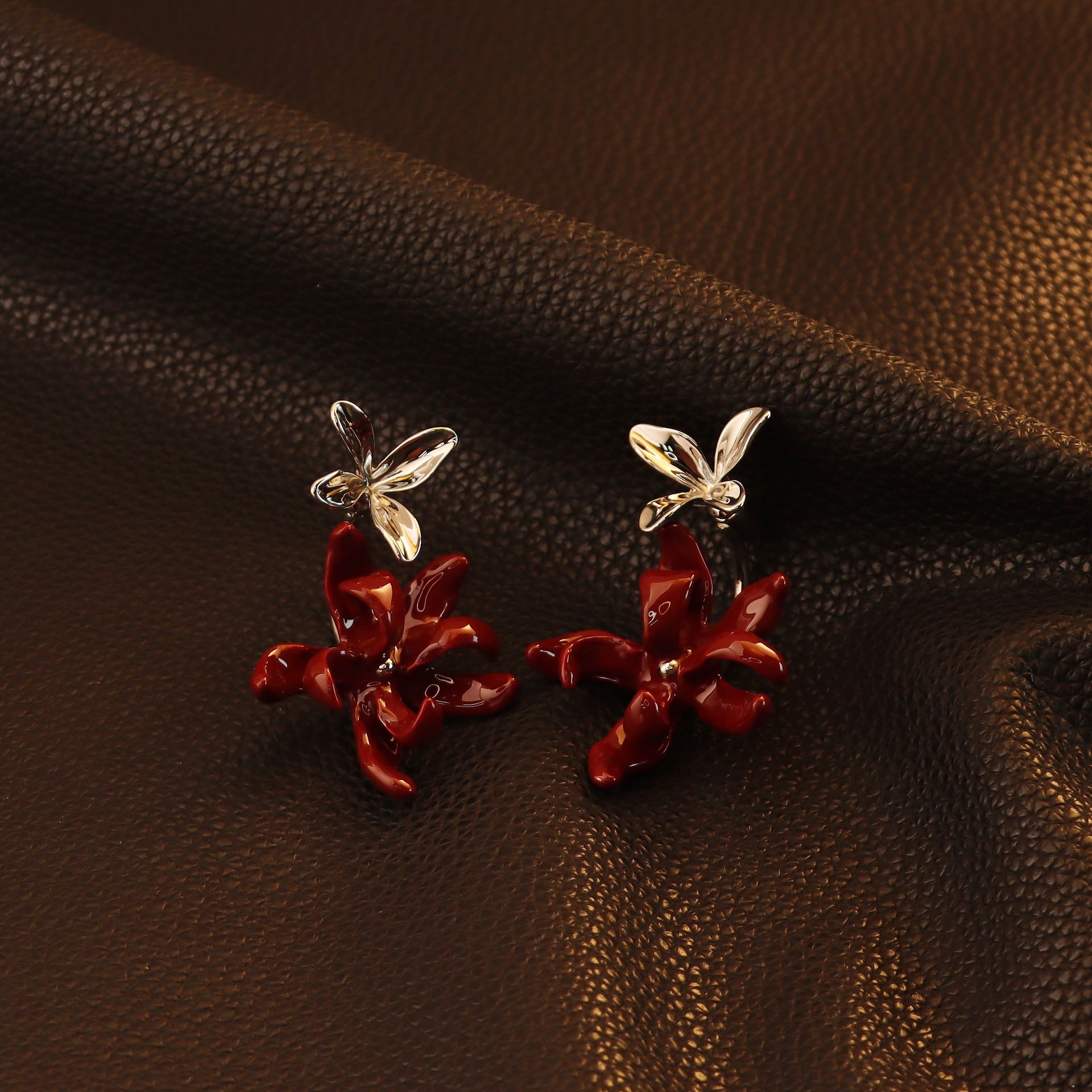 Flowers Enamel Stud Earrings In Copper With Real Gold Plated And 925 Sterling Silver Posts, Sweet Style For Women
