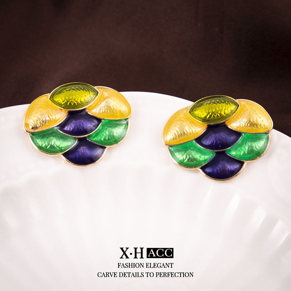 Grape Enamel Stud Earrings For Women With 925 Sterling Silver Posts And Electroplated Alloy Design