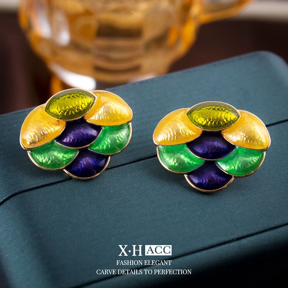 Grape Enamel Stud Earrings For Women With 925 Sterling Silver Posts And Electroplated Alloy Design