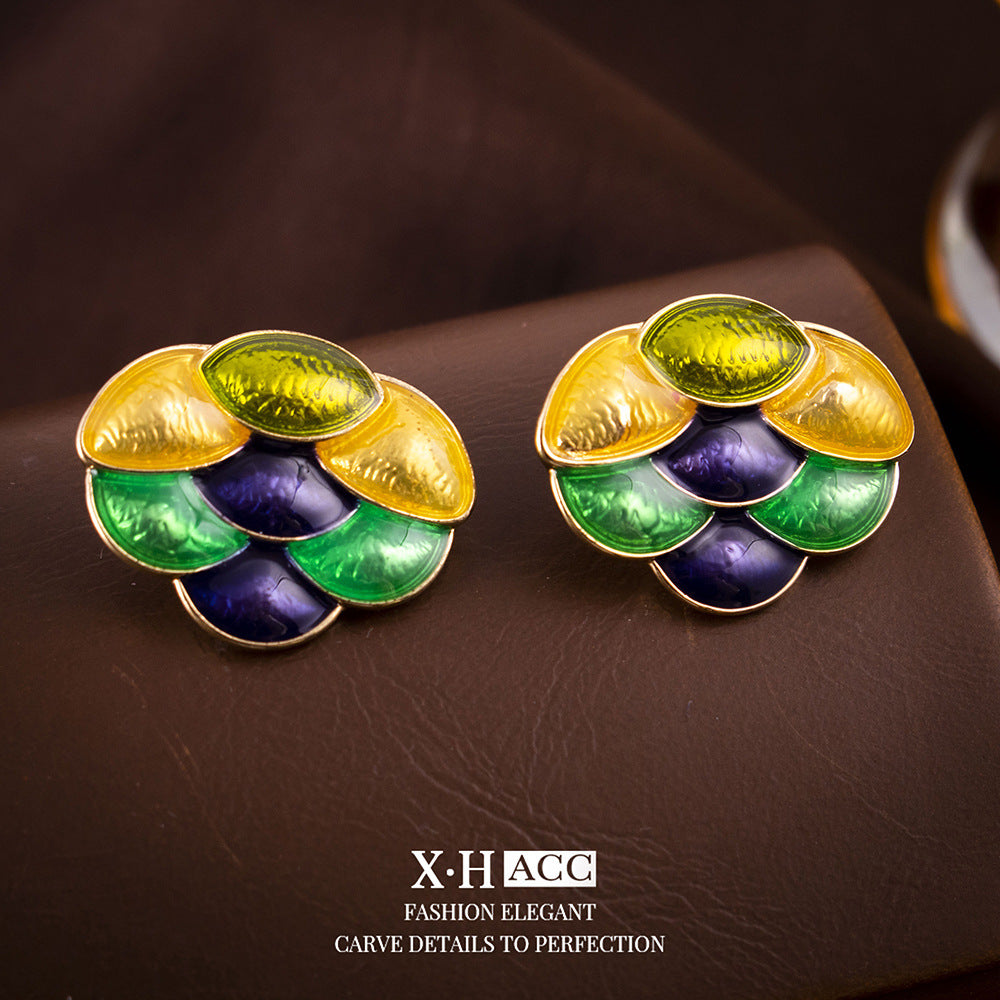 Grape Enamel Stud Earrings For Women With 925 Sterling Silver Posts And Electroplated Alloy Design