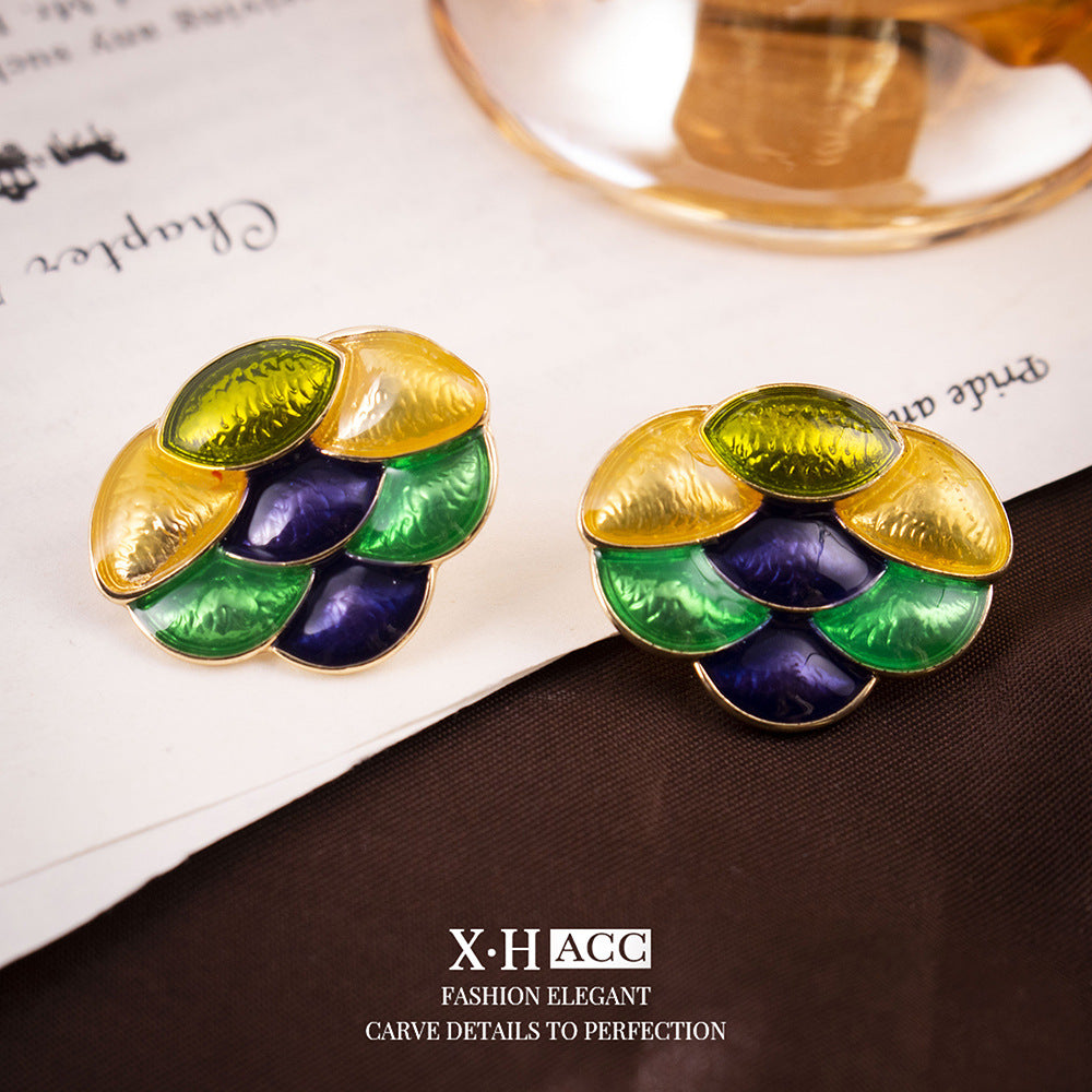 Grape Enamel Stud Earrings For Women With 925 Sterling Silver Posts And Electroplated Alloy Design