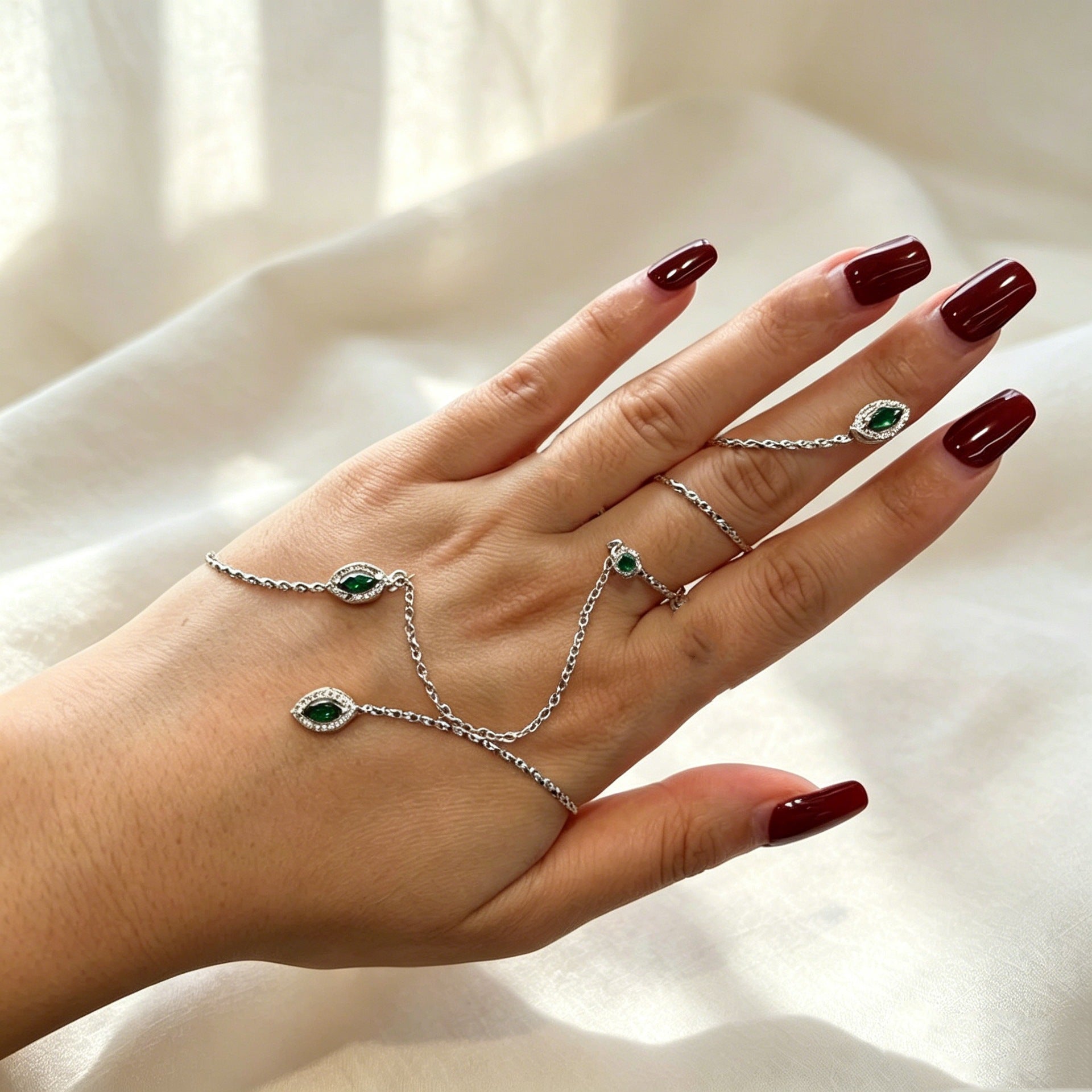 Elegant Geometric Spiral Hand Chain Bracelet For Women In 14K Real Gold Plated Alloy With Rhinestones