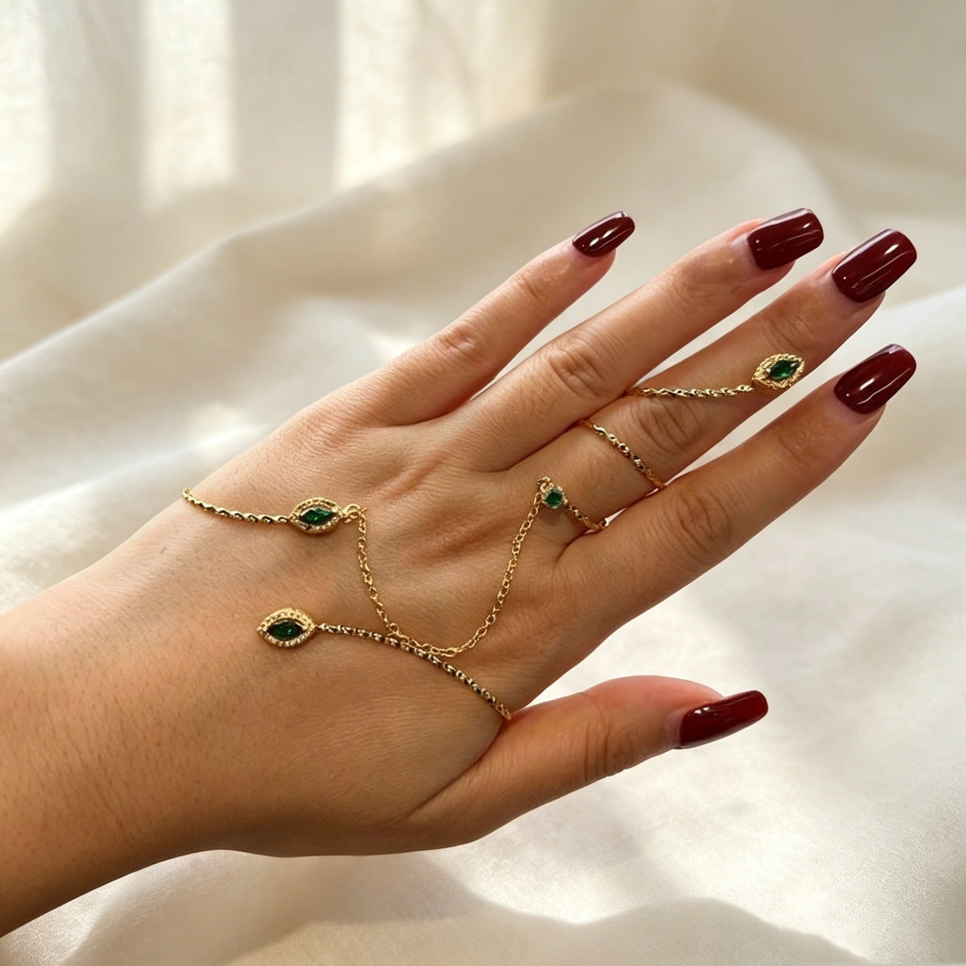 Elegant Geometric Spiral Hand Chain Bracelet For Women In 14K Real Gold Plated Alloy With Rhinestones