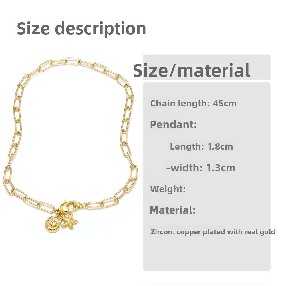 Ocean Marine Style Pendant Necklace With Shell Pendant And Copper Paperclip Chain, Unisex Design Featuring Zircon Inlay
