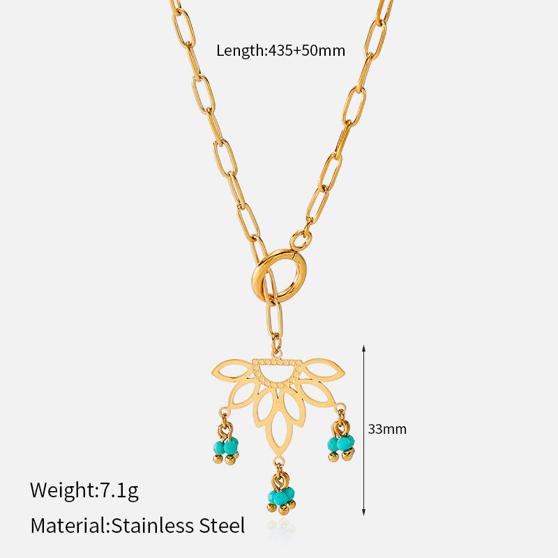Bohemian Lotus Long Necklace With Tassel, PVD Coated 304 Stainless Steel Featuring Real Gold Plating And Turquoise Inlay