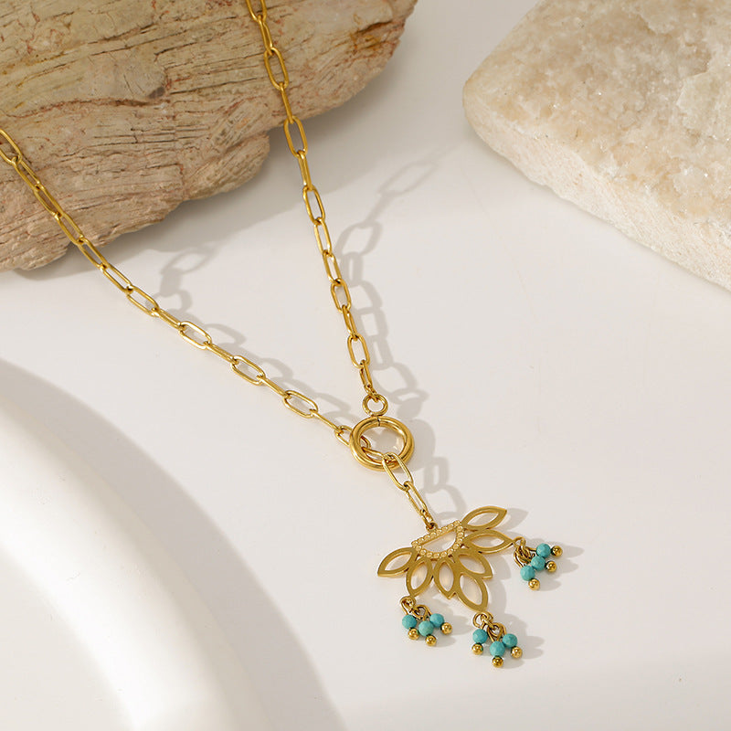 Bohemian Lotus Long Necklace With Tassel, PVD Coated 304 Stainless Steel Featuring Real Gold Plating And Turquoise Inlay