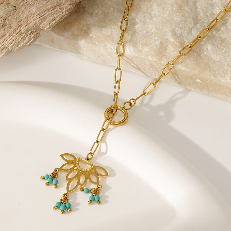 Bohemian Lotus Long Necklace With Tassel, PVD Coated 304 Stainless Steel Featuring Real Gold Plating And Turquoise Inlay
