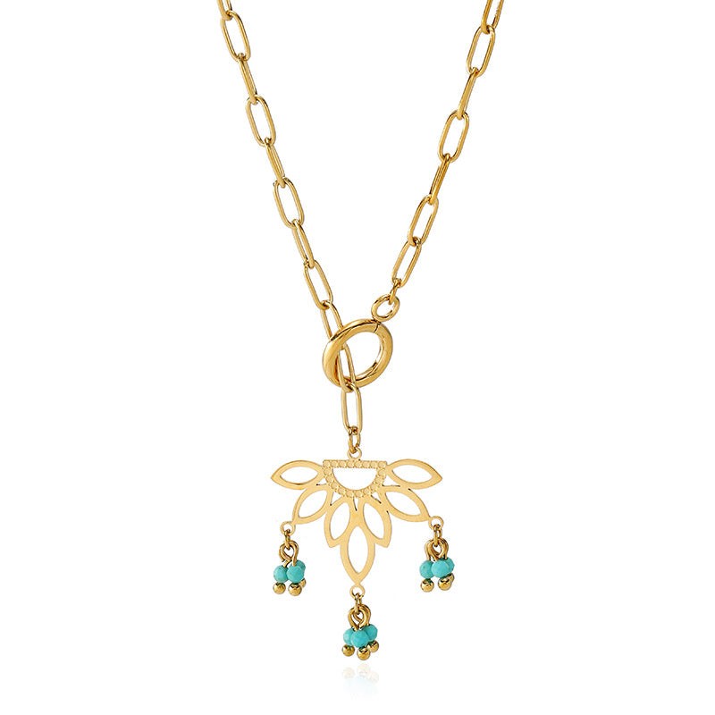 Bohemian Lotus Long Necklace With Tassel, PVD Coated 304 Stainless Steel Featuring Real Gold Plating And Turquoise Inlay
