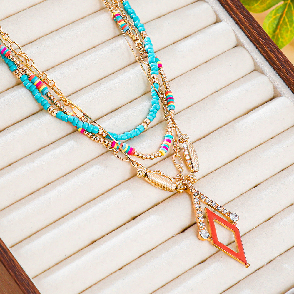 Bohemian Rhombus Layered Necklace For Women With Green Iron Beading And Turquoise Inlay On Ball Chain