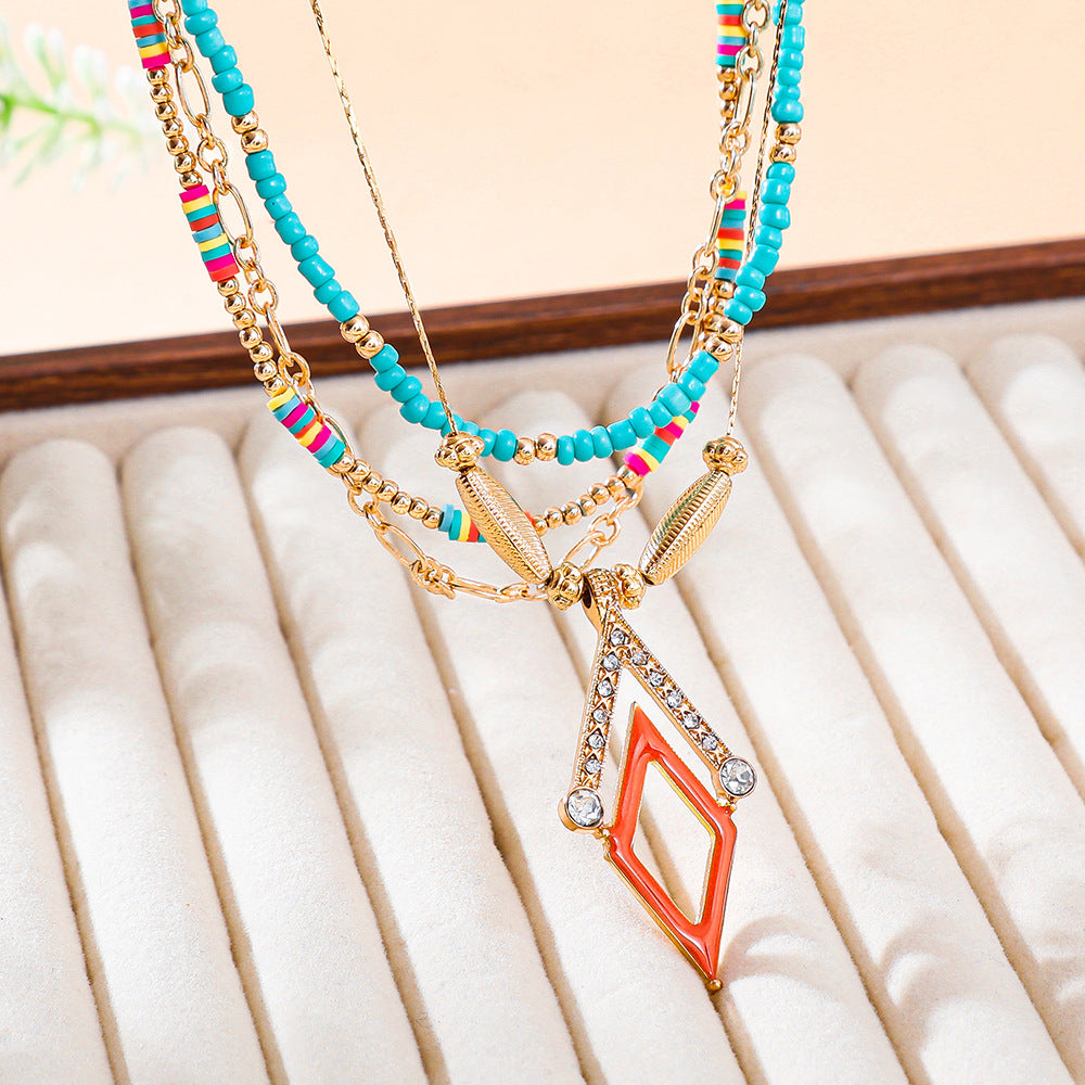 Bohemian Rhombus Layered Necklace For Women With Green Iron Beading And Turquoise Inlay On Ball Chain