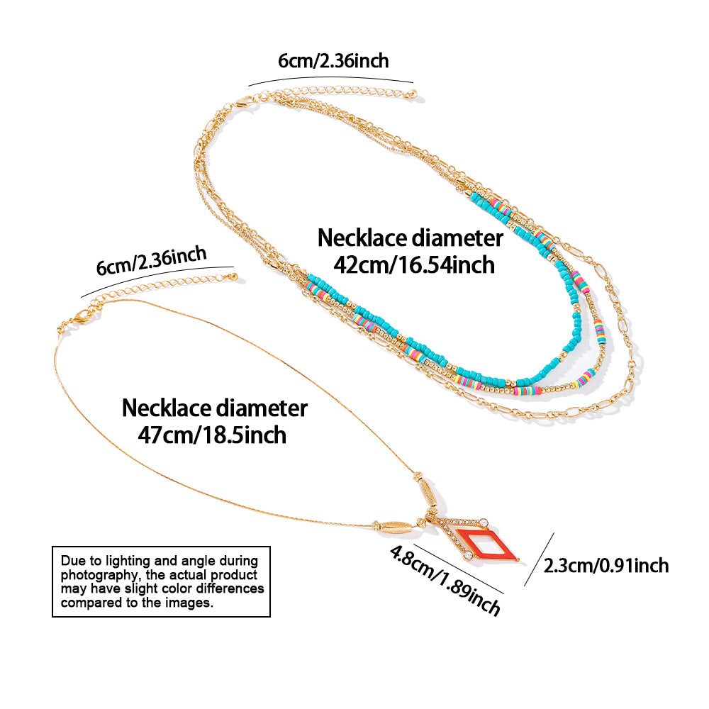 Bohemian Rhombus Layered Necklace For Women With Green Iron Beading And Turquoise Inlay On Ball Chain