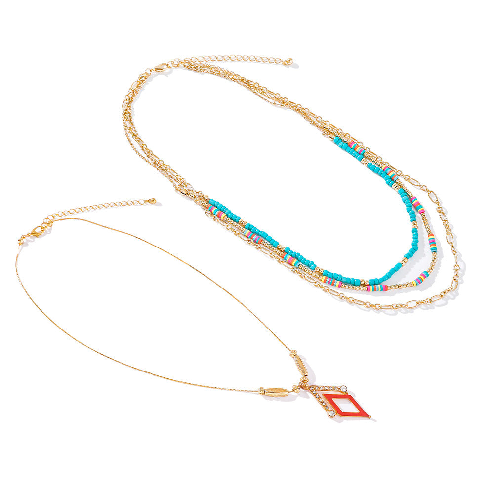 Bohemian Rhombus Layered Necklace For Women With Green Iron Beading And Turquoise Inlay On Ball Chain