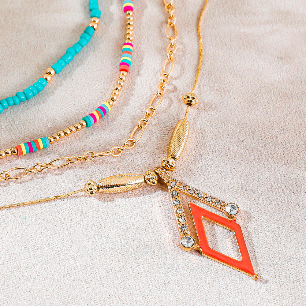 Bohemian Rhombus Layered Necklace For Women With Green Iron Beading And Turquoise Inlay On Ball Chain