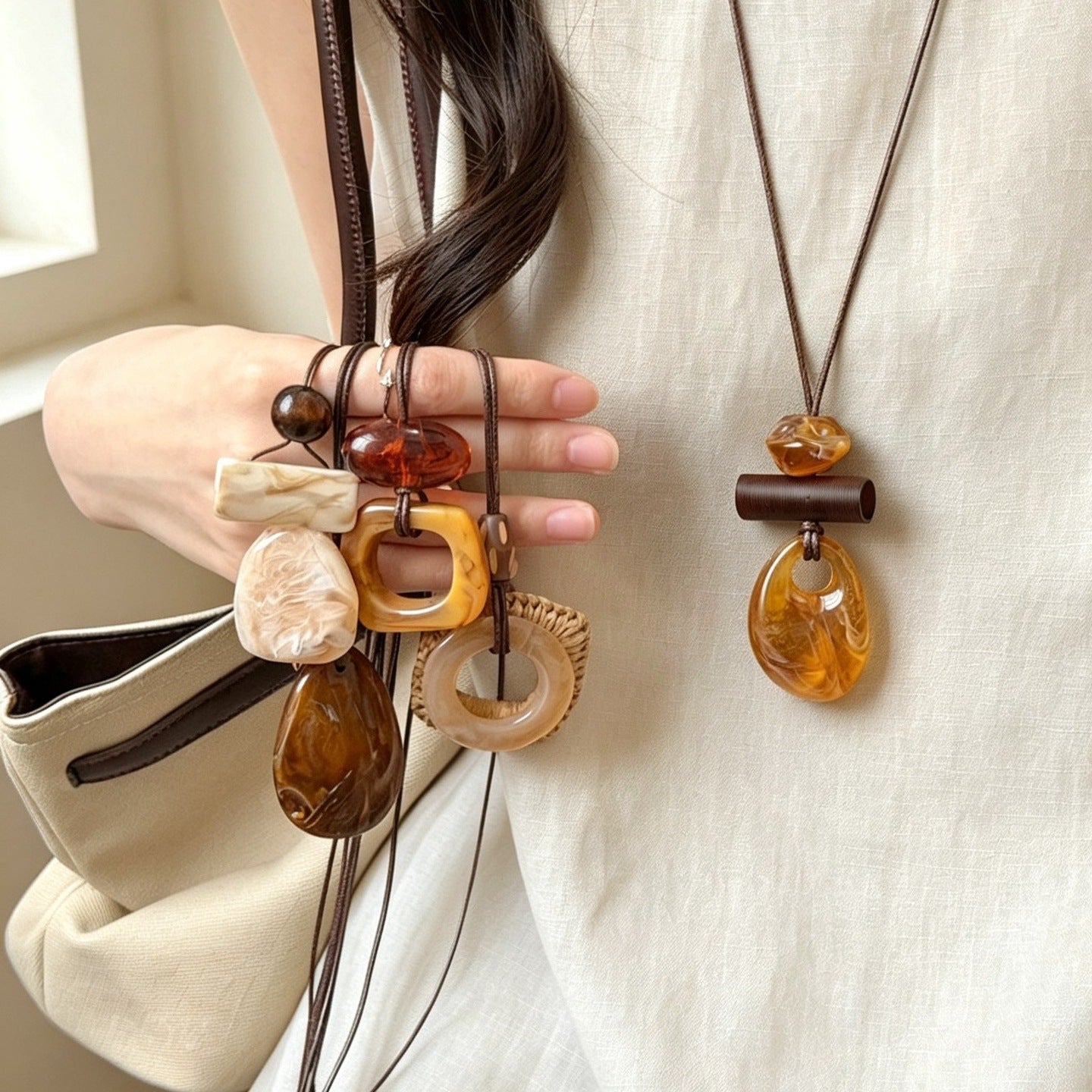 Geometric Beige Braid Long Necklace For Women With Mixed Materials And Woven Chain