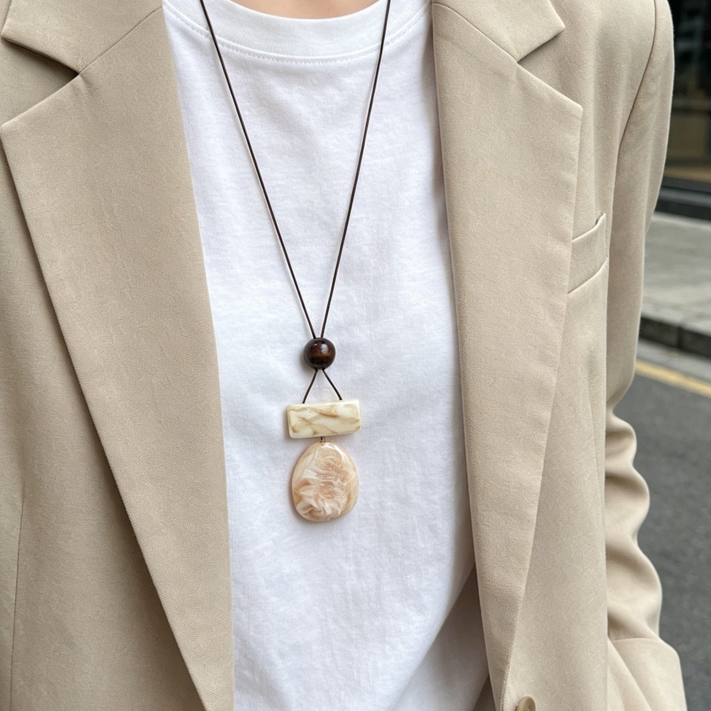 Geometric Beige Braid Long Necklace For Women With Mixed Materials And Woven Chain