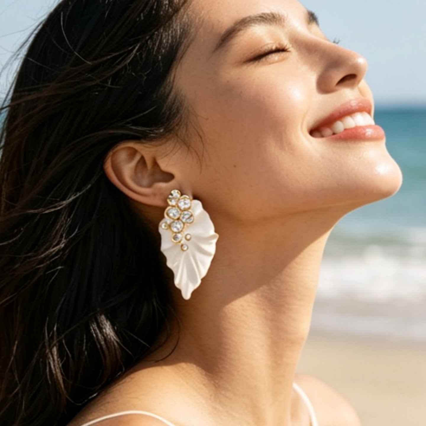 Exaggerated Leaves Drop Earrings For Women In White Enamel With Rhinestone Inlay