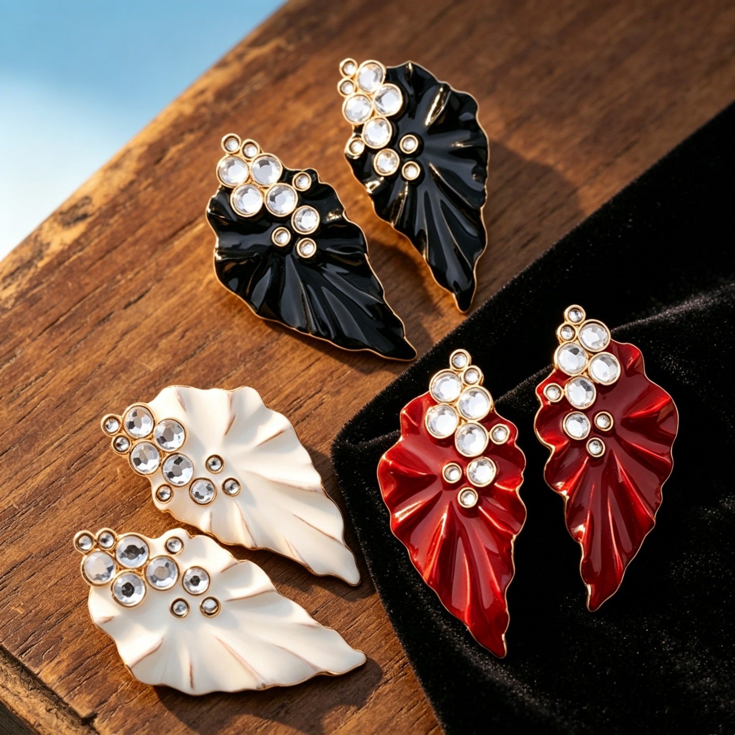 Exaggerated Leaves Drop Earrings For Women In White Enamel With Rhinestone Inlay
