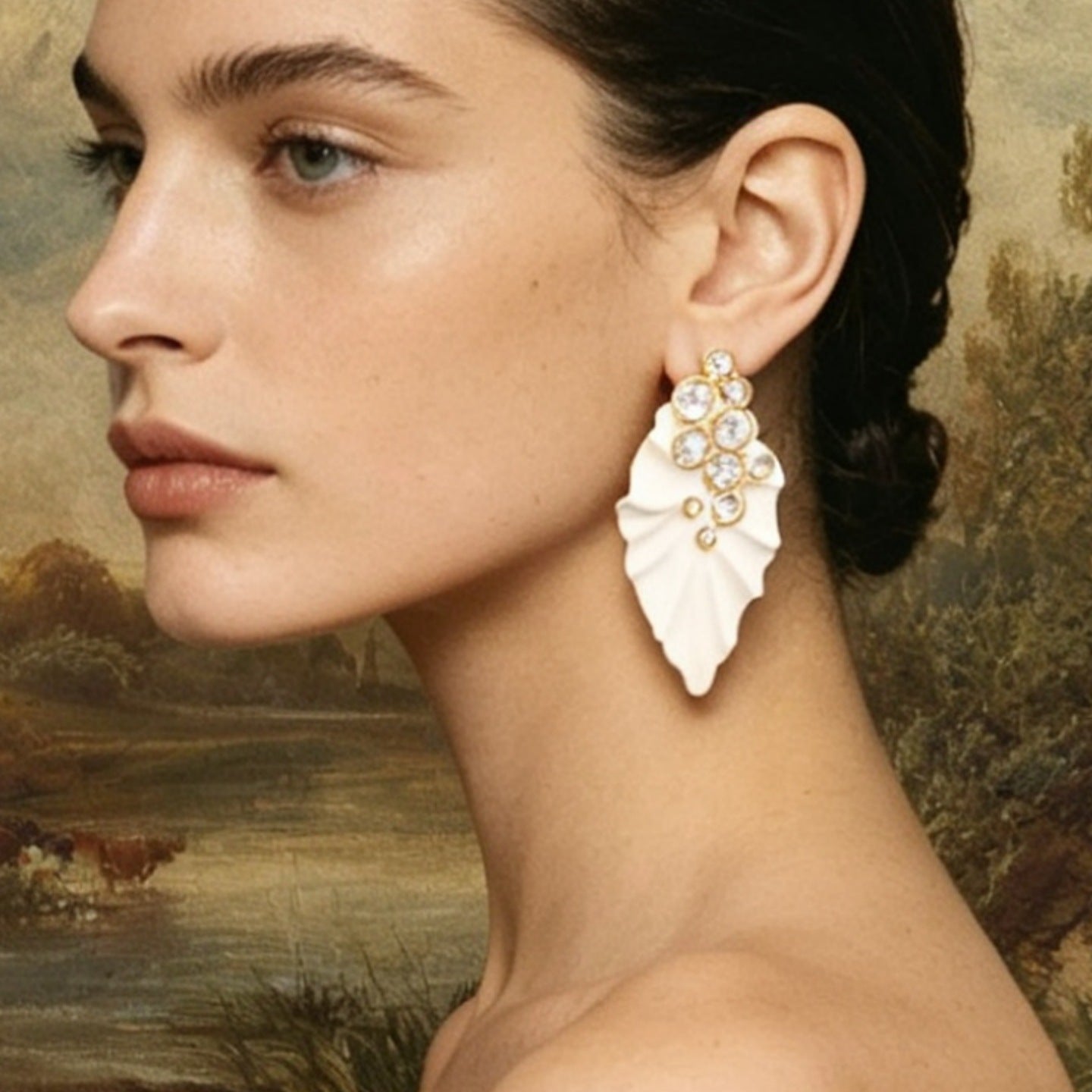 Exaggerated Leaves Drop Earrings For Women In White Enamel With Rhinestone Inlay