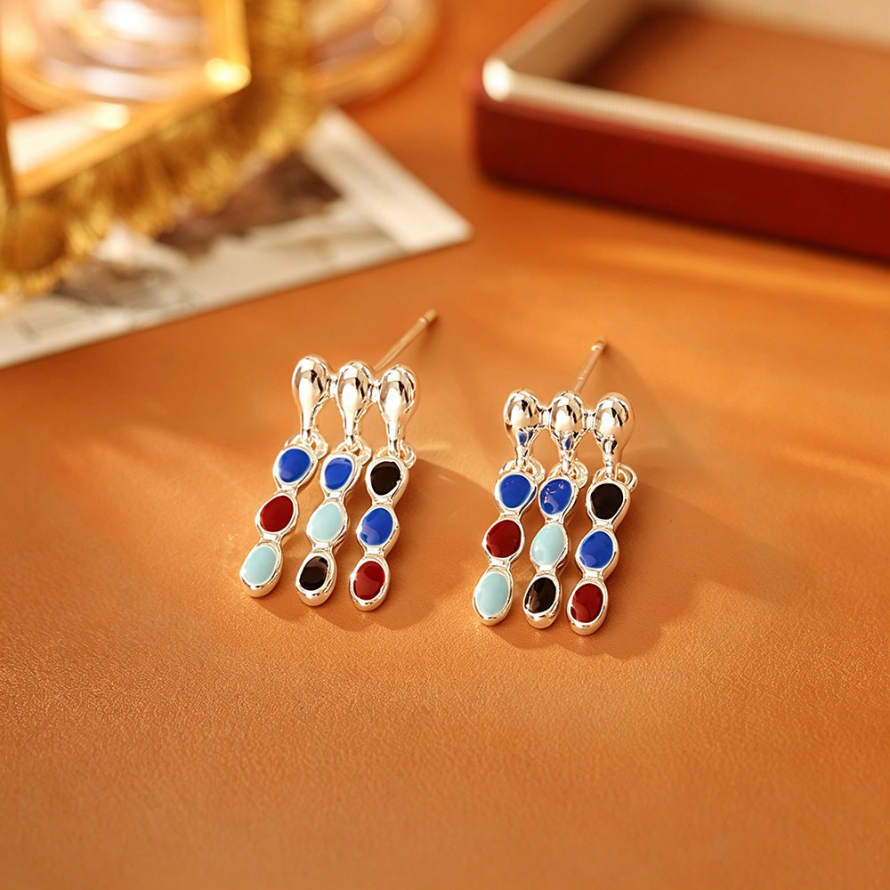 Elegant Tassel Stud Earrings With Enamel Craft, Copper Base, Real Gold Plated And 925 Sterling Silver Posts For Women
