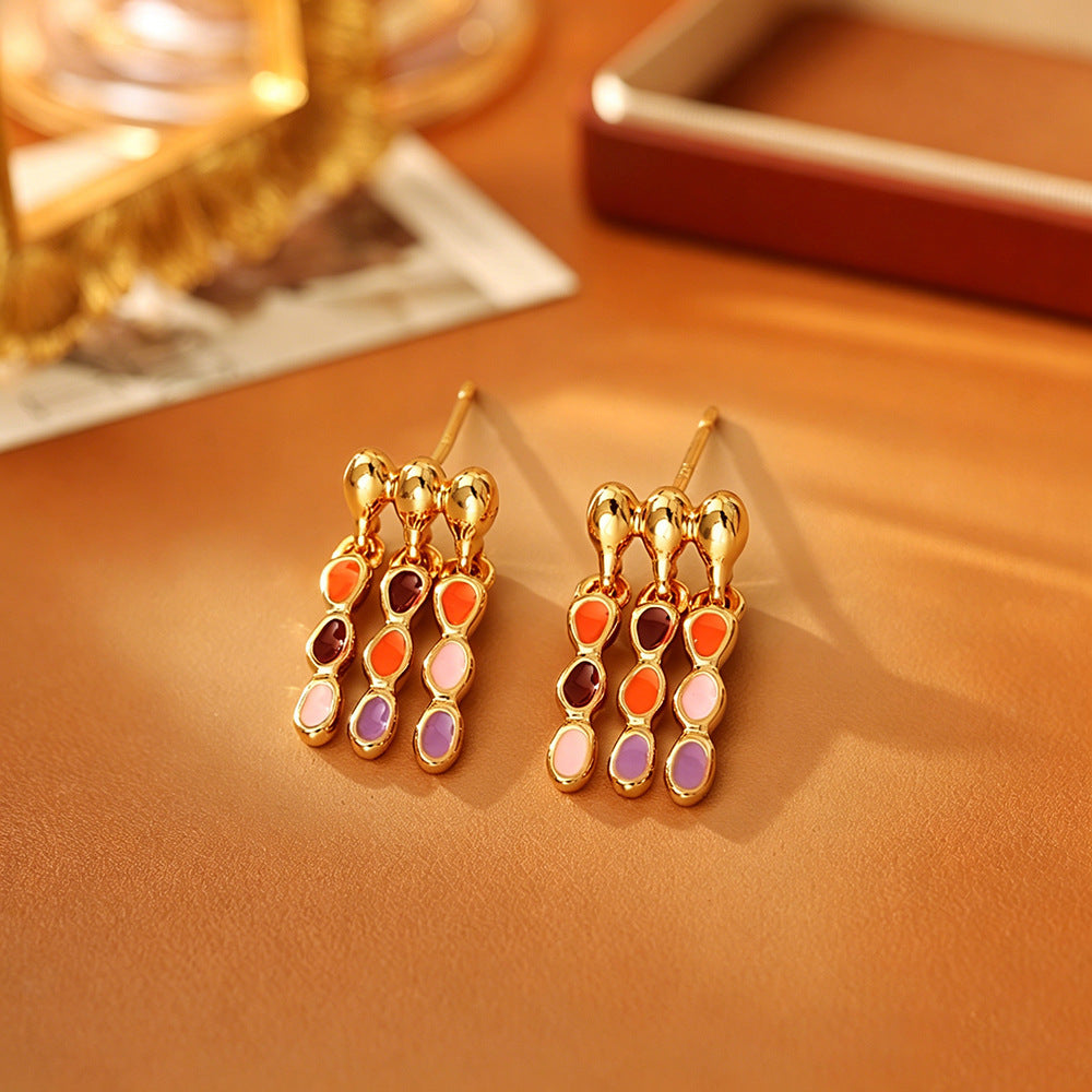 Elegant Tassel Stud Earrings With Enamel Craft, Copper Base, Real Gold Plated And 925 Sterling Silver Posts For Women