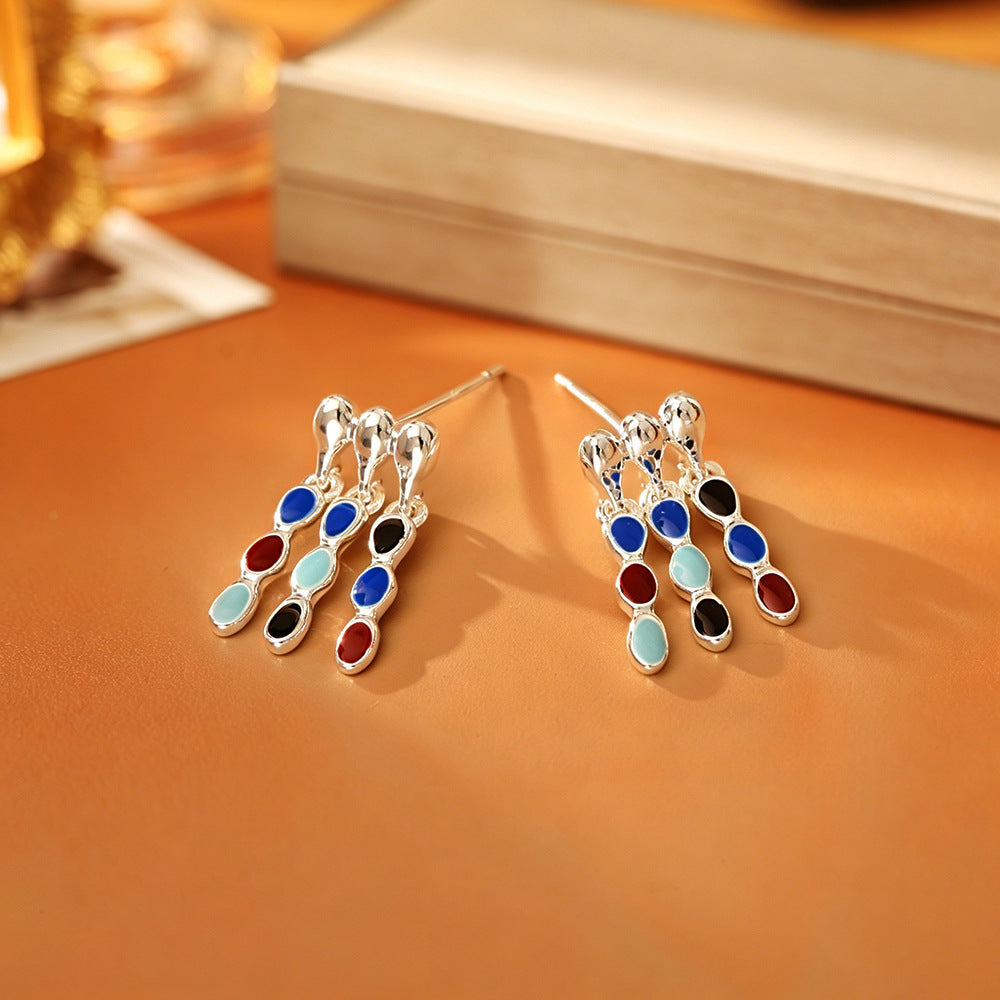 Elegant Tassel Stud Earrings With Enamel Craft, Copper Base, Real Gold Plated And 925 Sterling Silver Posts For Women