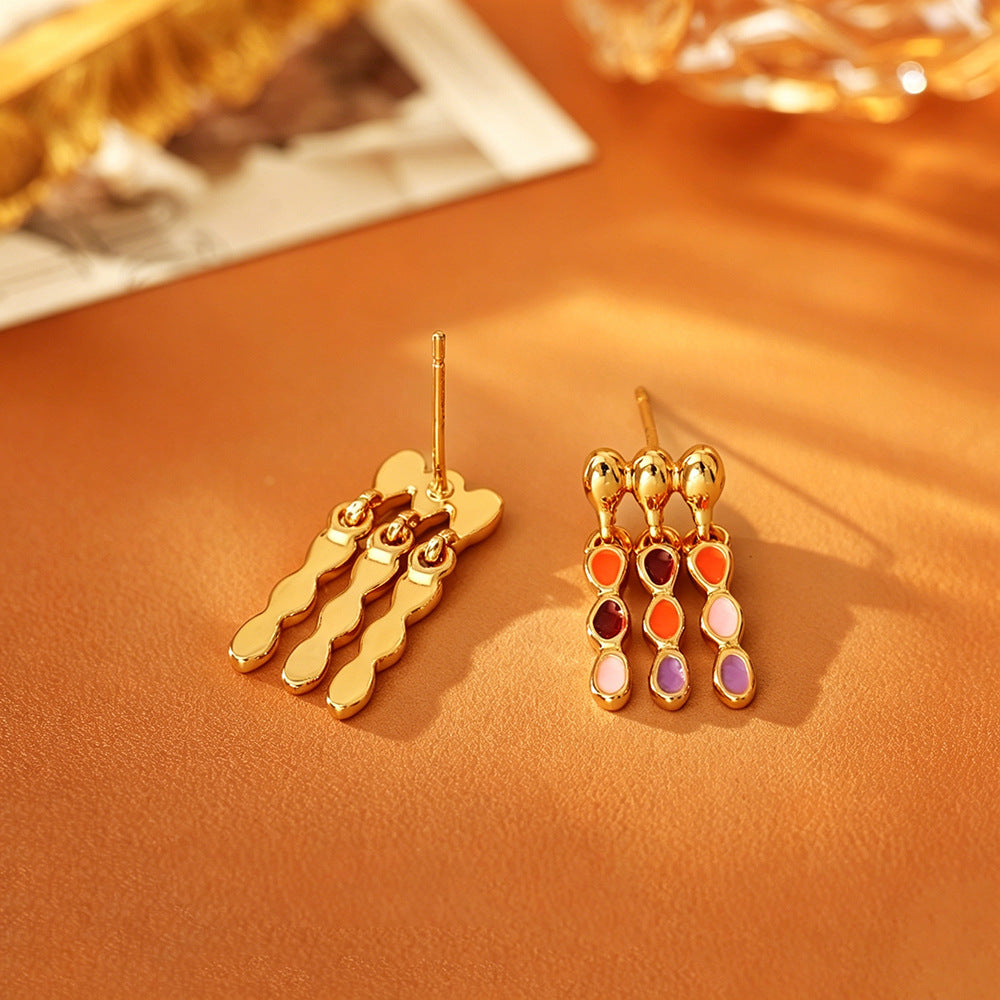 Elegant Tassel Stud Earrings With Enamel Craft, Copper Base, Real Gold Plated And 925 Sterling Silver Posts For Women