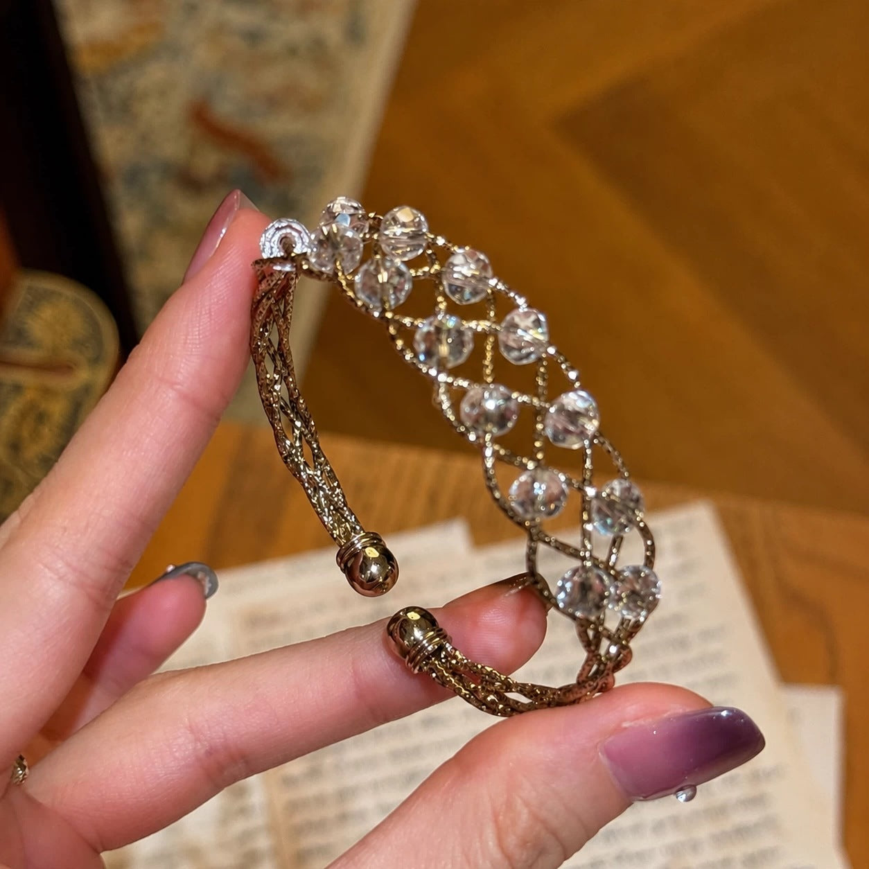 New Style Lace Braid Alloy Bangle For Women With Crystal Inlay, Elegant Bracelet