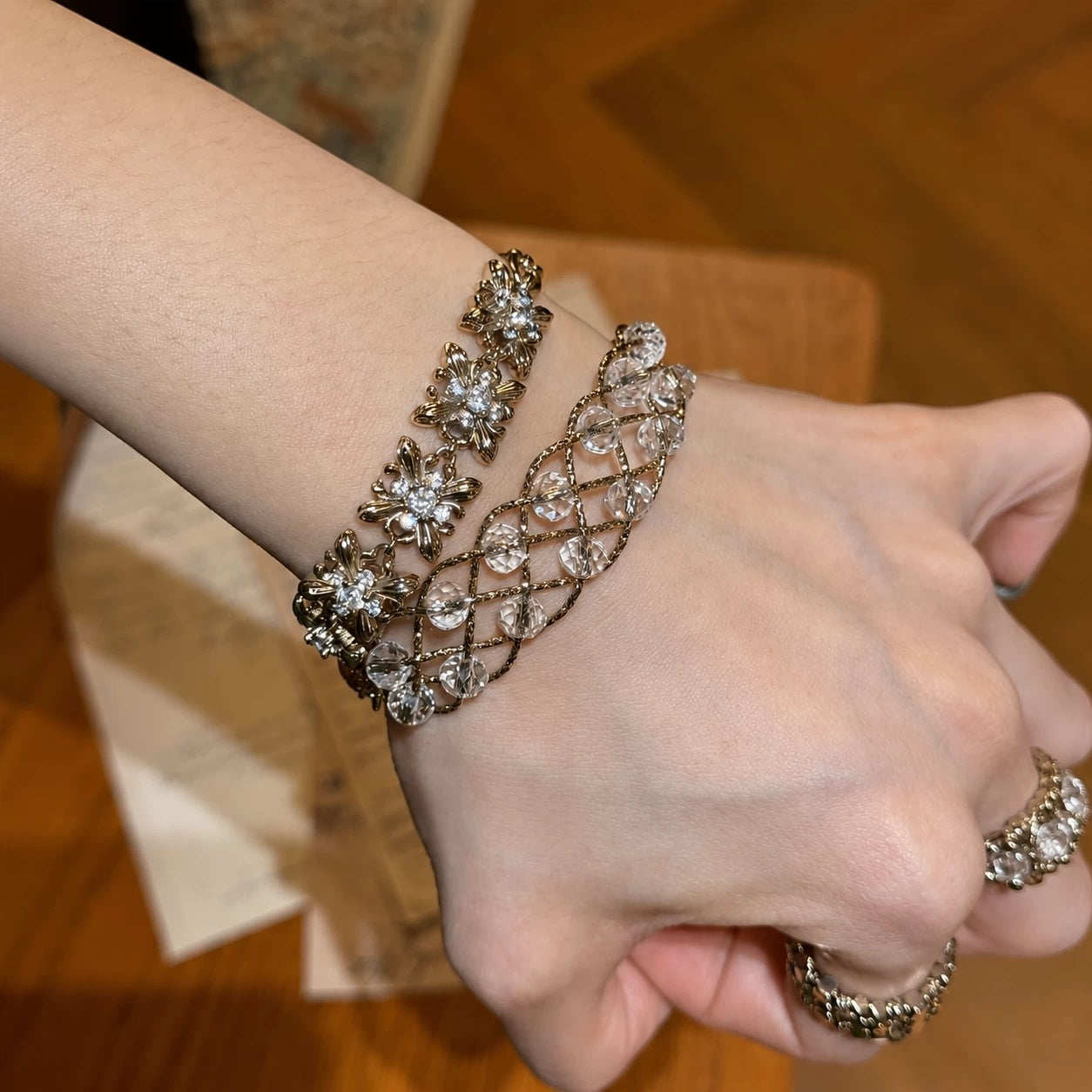 New Style Lace Braid Alloy Bangle For Women With Crystal Inlay, Elegant Bracelet