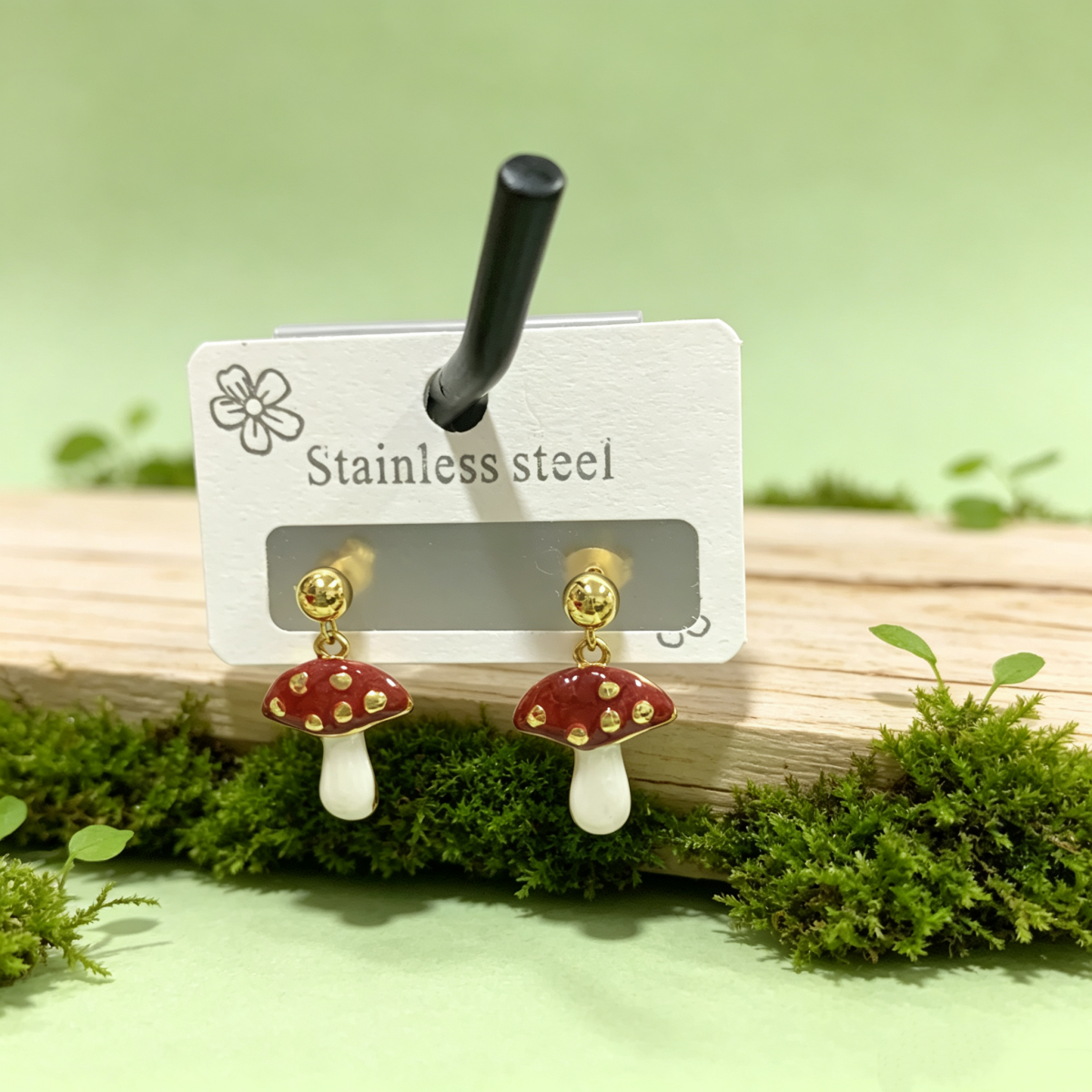 Hypoallergenic Mushroom Stud Earrings In Pastoral Style, Unisex 304 Stainless Steel With 18K Real Gold Plated Coating 0.03µm-0.05µm