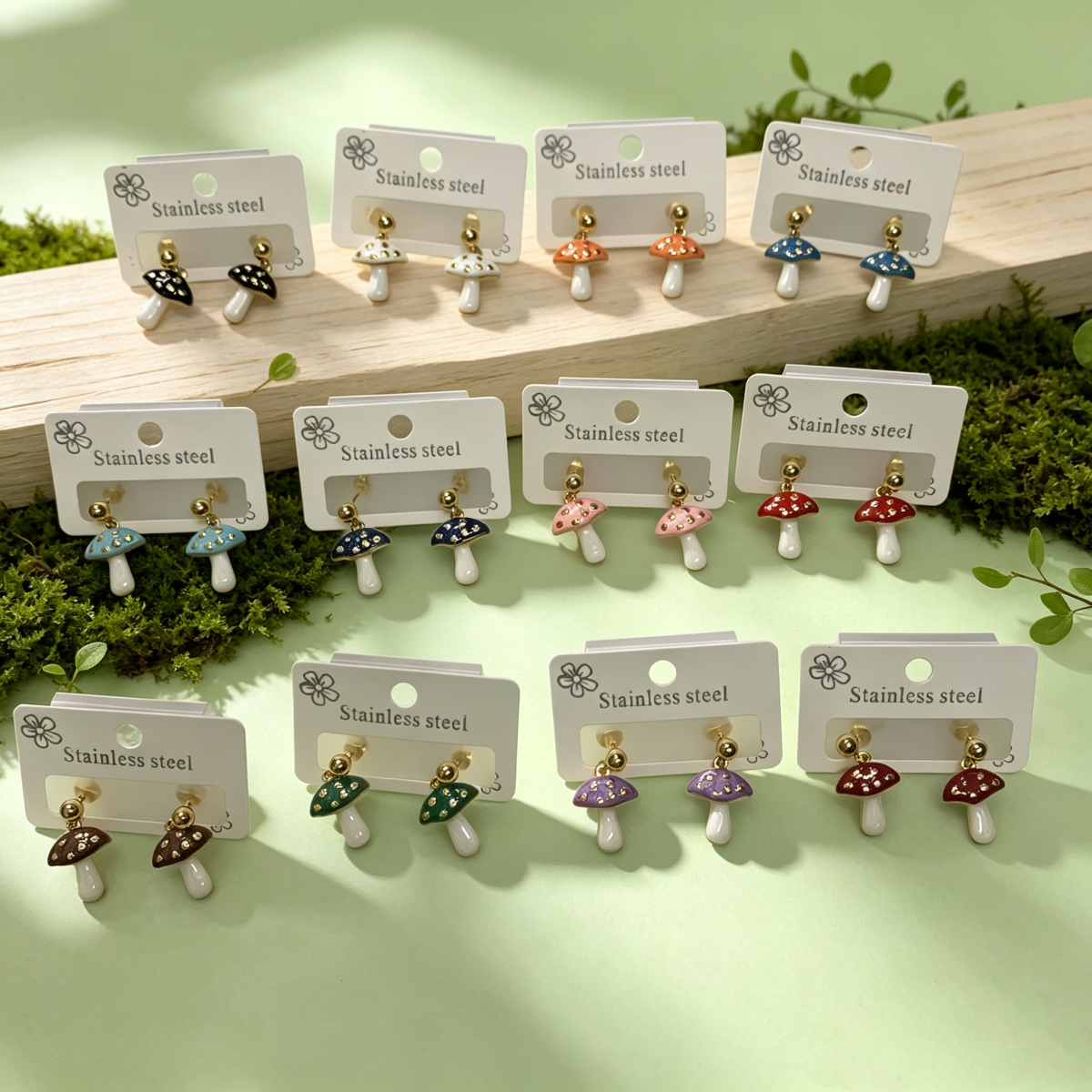 Hypoallergenic Mushroom Stud Earrings In Pastoral Style, Unisex 304 Stainless Steel With 18K Real Gold Plated Coating 0.03µm-0.05µm