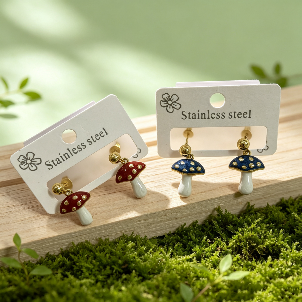 Hypoallergenic Mushroom Stud Earrings In Pastoral Style, Unisex 304 Stainless Steel With 18K Real Gold Plated Coating 0.03µm-0.05µm