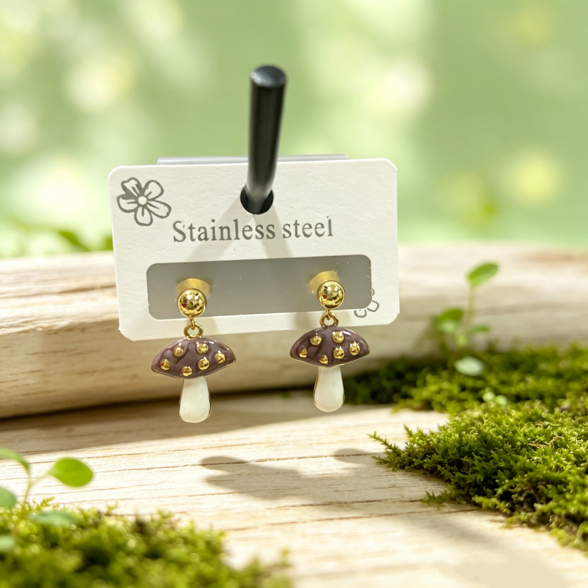 Hypoallergenic Mushroom Stud Earrings In Pastoral Style, Unisex 304 Stainless Steel With 18K Real Gold Plated Coating 0.03µm-0.05µm