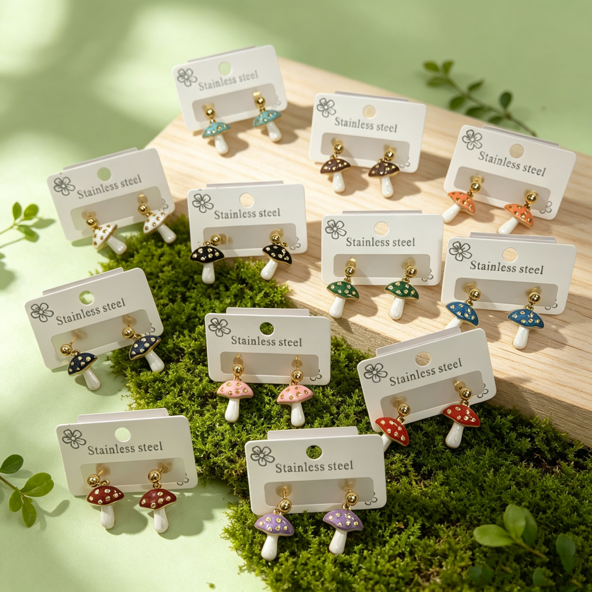 Hypoallergenic Mushroom Stud Earrings In Pastoral Style, Unisex 304 Stainless Steel With 18K Real Gold Plated Coating 0.03µm-0.05µm