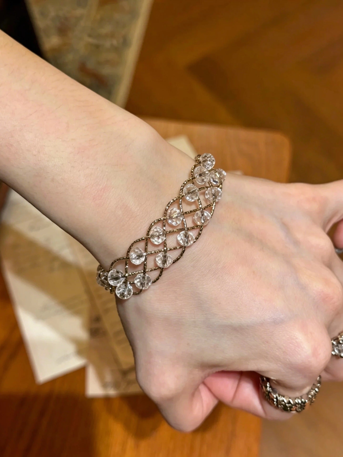 New Style Lace Braid Alloy Bangle For Women With Crystal Inlay, Elegant Bracelet