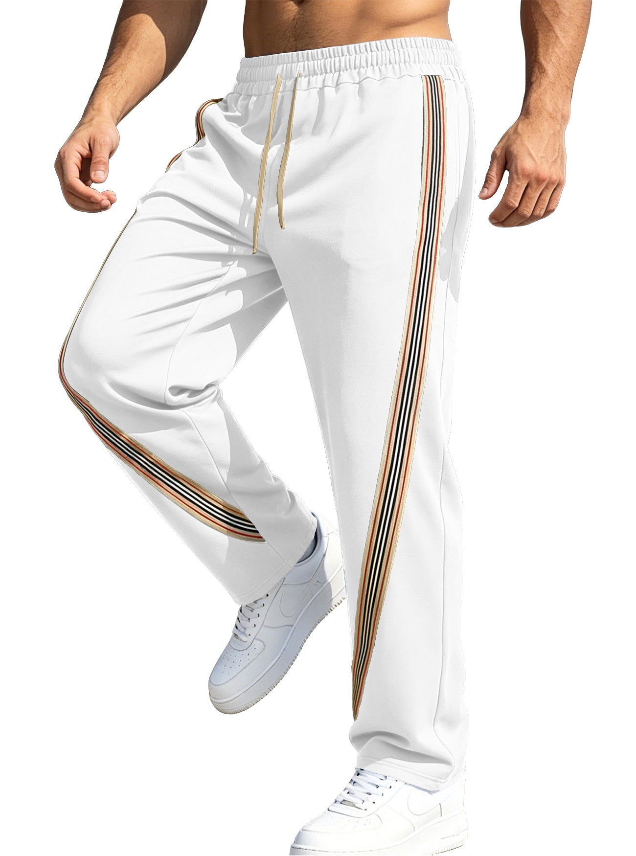 Men's Casual Stripe Straight Full Length Pants In Polyester Fabric With Splicing Craft