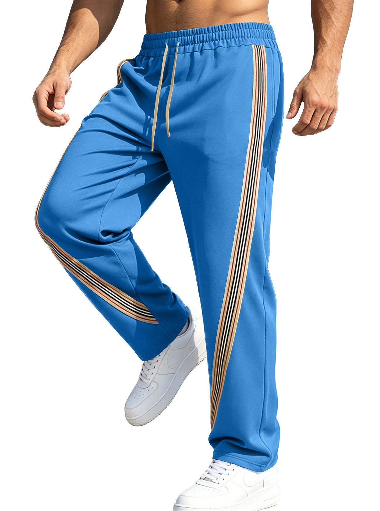 Men's Casual Stripe Straight Full Length Pants In Polyester Fabric With Splicing Craft