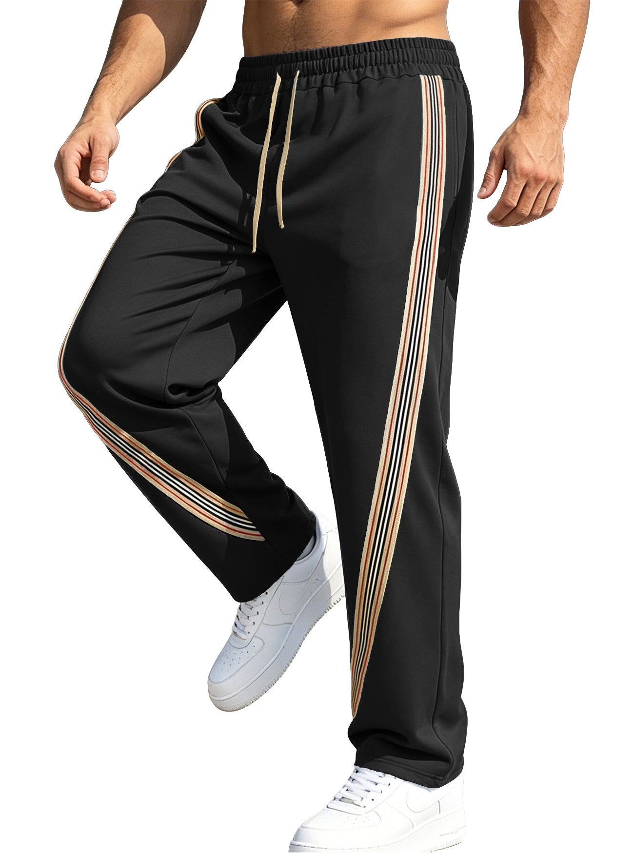 Men's Casual Stripe Straight Full Length Pants In Polyester Fabric With Splicing Craft