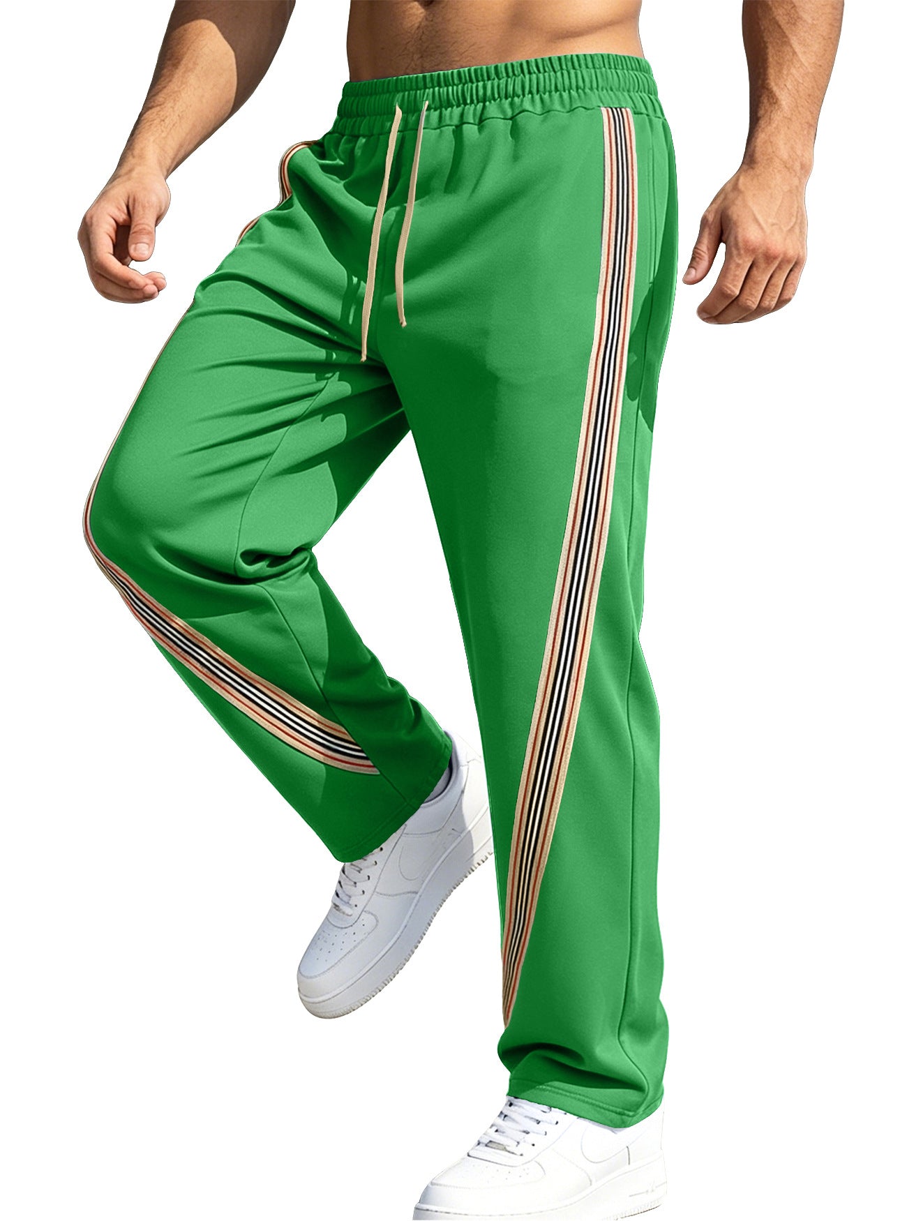 Men's Casual Stripe Straight Full Length Pants In Polyester Fabric With Splicing Craft