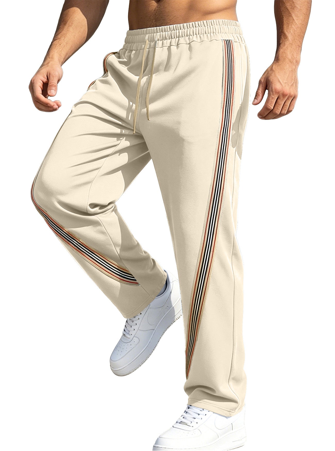 Men's Casual Stripe Straight Full Length Pants In Polyester Fabric With Splicing Craft