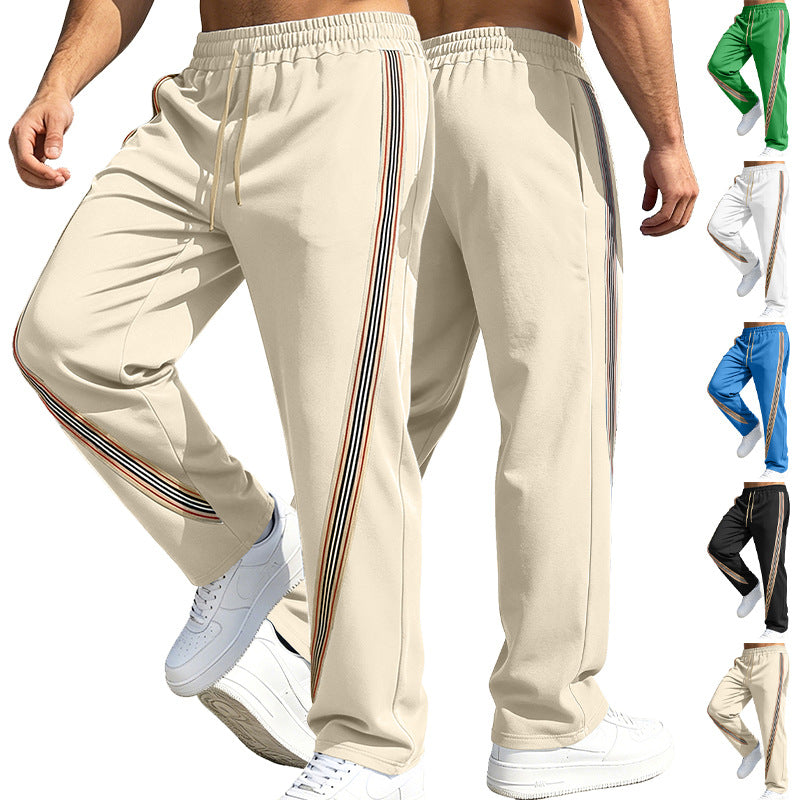 Men's Casual Stripe Straight Full Length Pants In Polyester Fabric With Splicing Craft