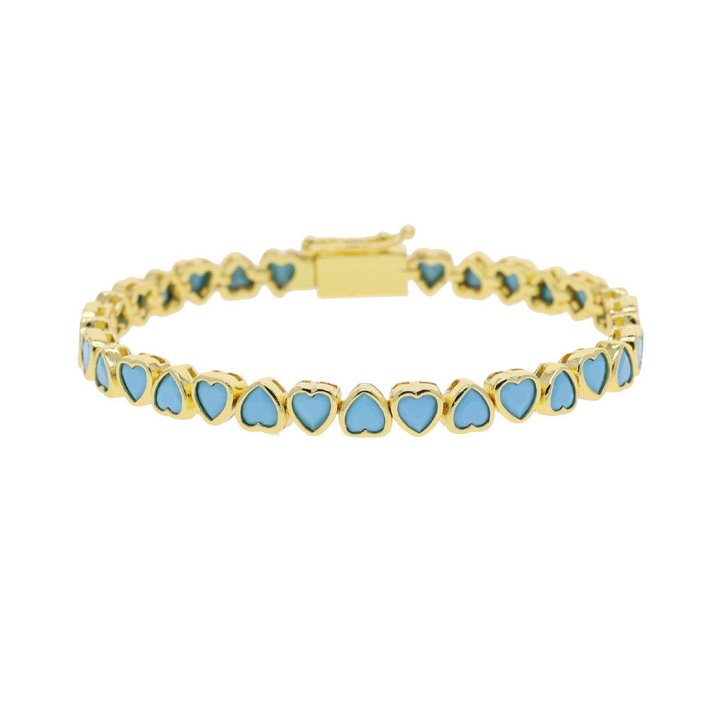 Heart Shape Copper Tennis Chain Bracelet For Women With Turquoise Inlay